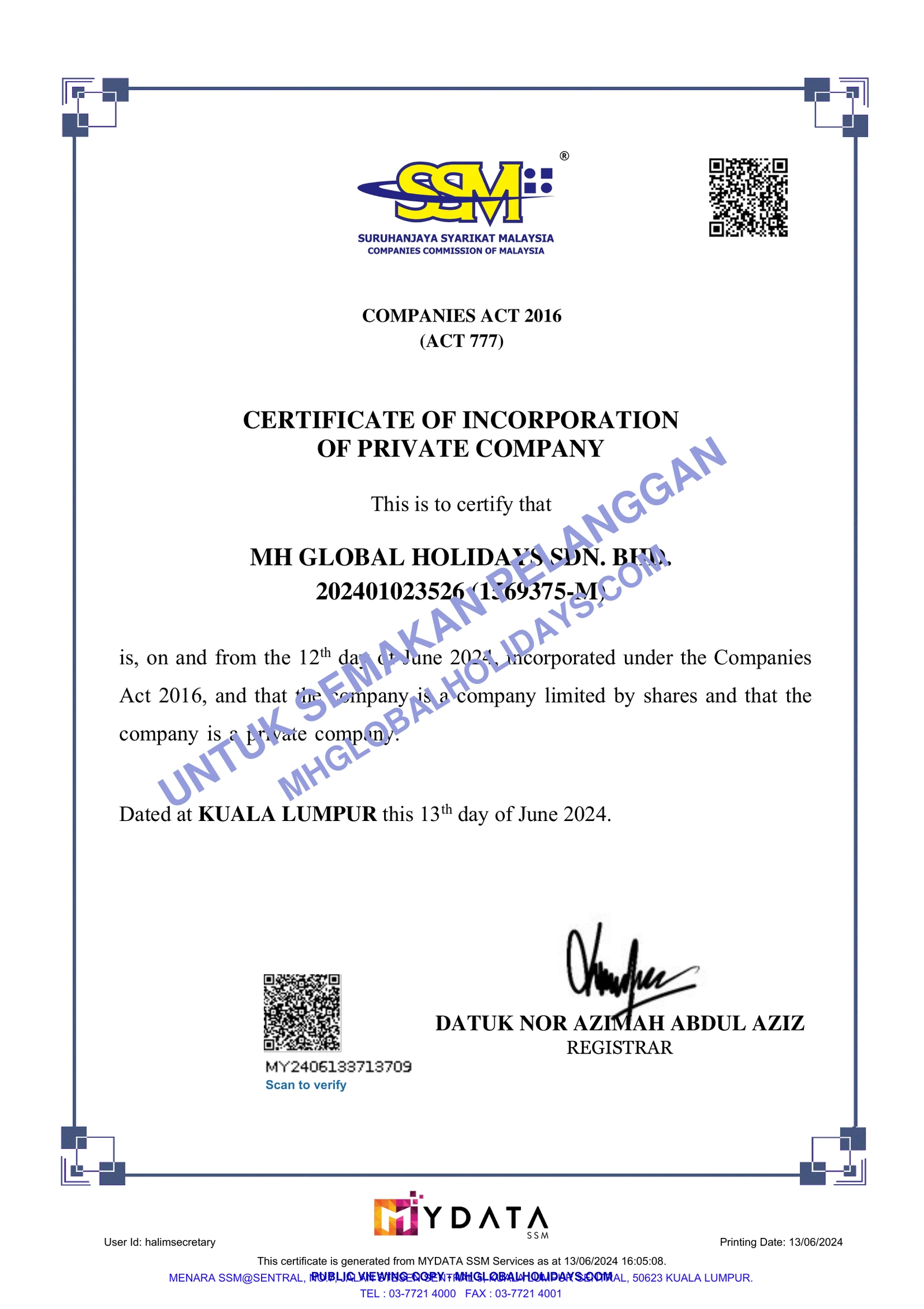 Sijil SSM MH Global Holidays